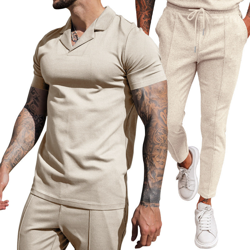 V Neck Casual Lapel Shirt Men's Short Sleeve Pants Suit