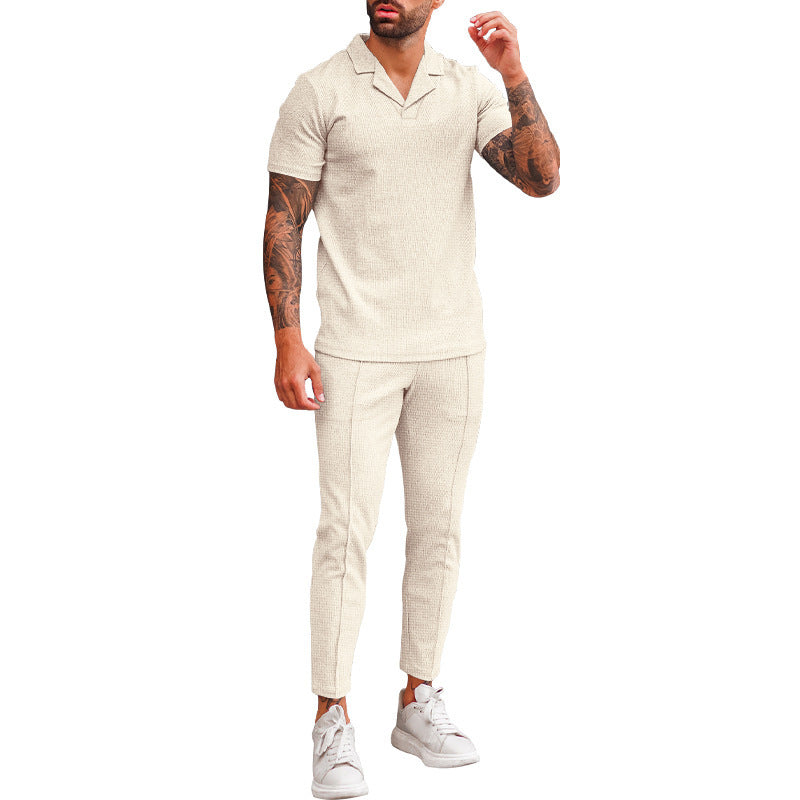 V Neck Casual Lapel Shirt Men's Short Sleeve Pants Suit