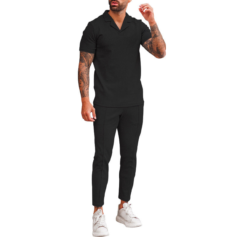 V Neck Casual Lapel Shirt Men's Short Sleeve Pants Suit