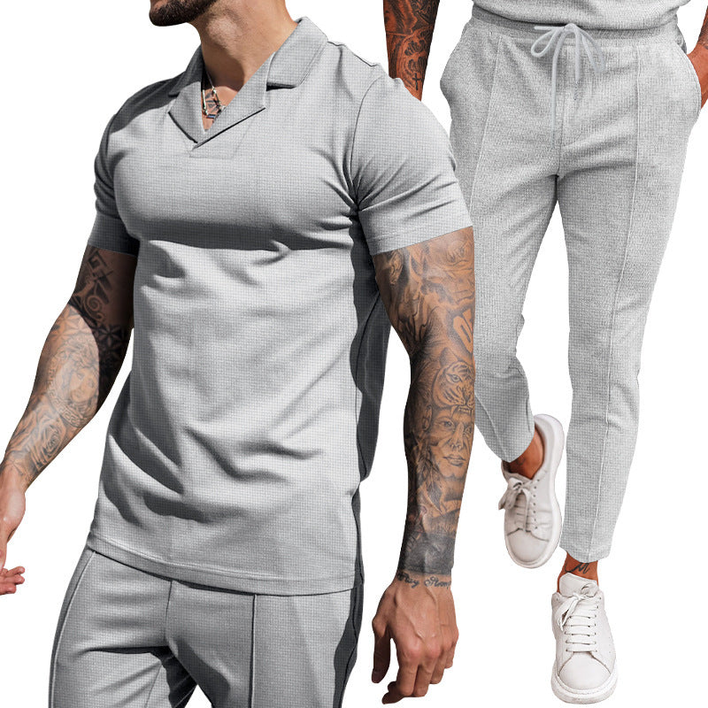 V Neck Casual Lapel Shirt Men's Short Sleeve Pants Suit