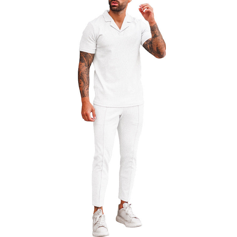 V Neck Casual Lapel Shirt Men's Short Sleeve Pants Suit