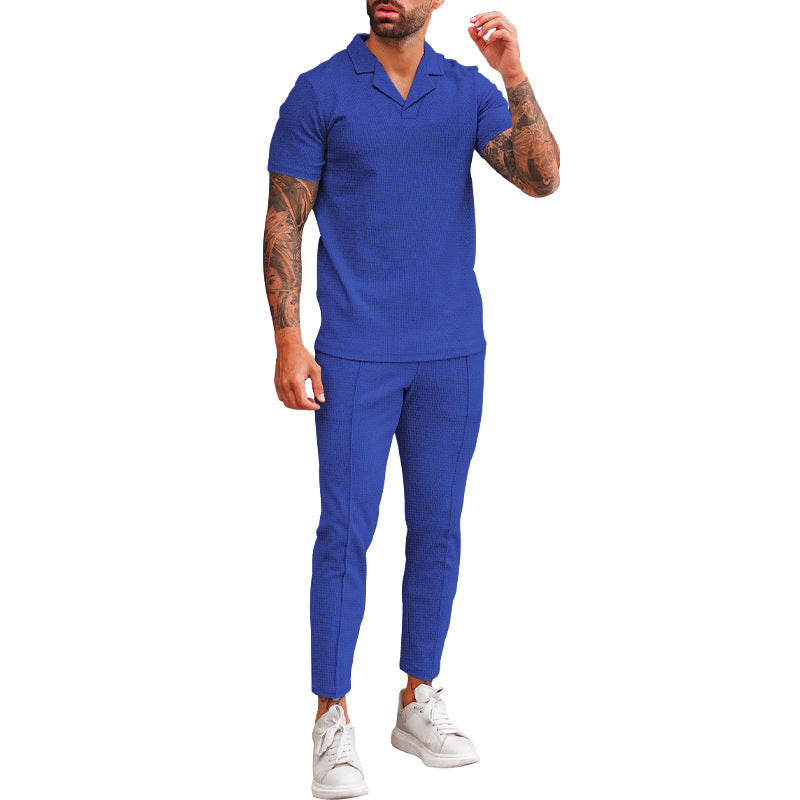 V Neck Casual Lapel Shirt Men's Short Sleeve Pants Suit