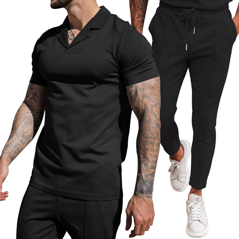 V Neck Casual Lapel Shirt Men's Short Sleeve Pants Suit