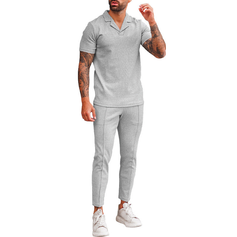 V Neck Casual Lapel Shirt Men's Short Sleeve Pants Suit